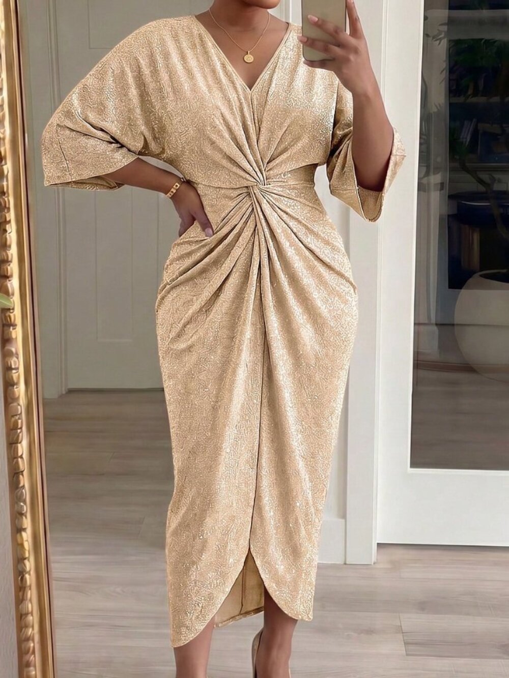 Khaki Elegant Women's Plus Size V-Neck Twist Ruched Waist Dress - Picture 6 of 6